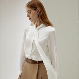 LilySilk Mulberry Silk Bow-Tie Neck Long Sleeve Blouse Small White Pearl